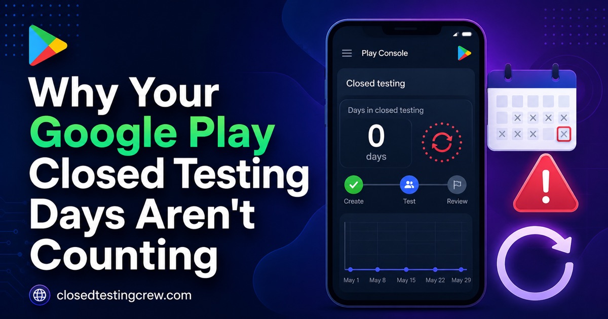 Google Play Console showing a closed testing counter stuck at 0 days